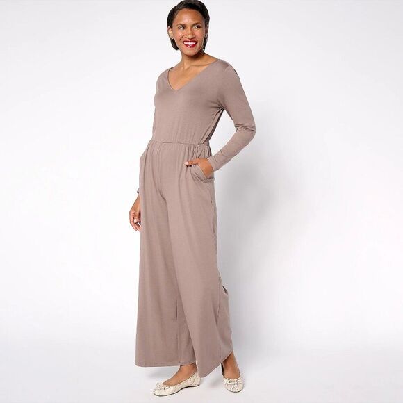 Pants - AnyBody‎ Smokey Taupe Plus Size 2X Jumpsuit w. Pockets V-Neck Drawstring Waist
